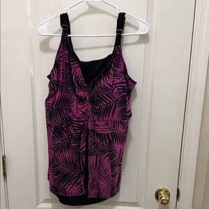Women’s 22 Ava & Viv Magenta Palm-Print Tankini Top Pink Black Accents Swimming